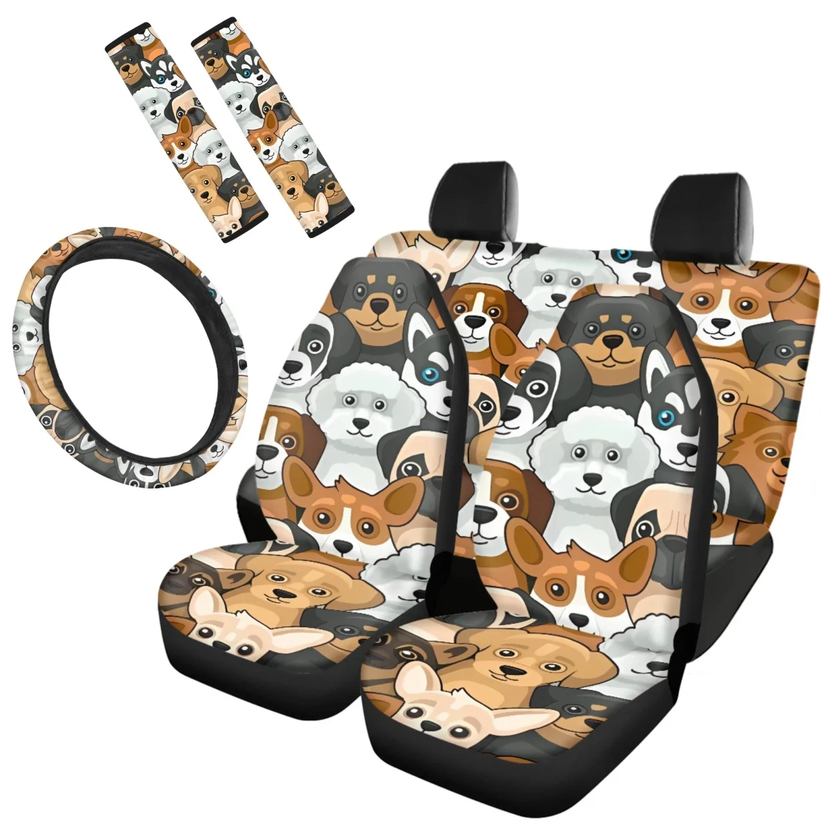 

New Auto Front Back Seat Cover Set Comfort Material Easy Installation Kawaii Chihuahua Puppy Pattern Seatbelt Steering Wheel DIY