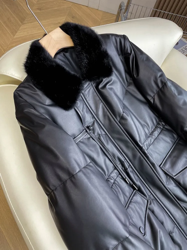 Women Winter Warm Genuine Leather Down Coat Fox Fur Collar Casual Loose Fit Overcoat Big Pockets Middle Length Sheepskin Jacket