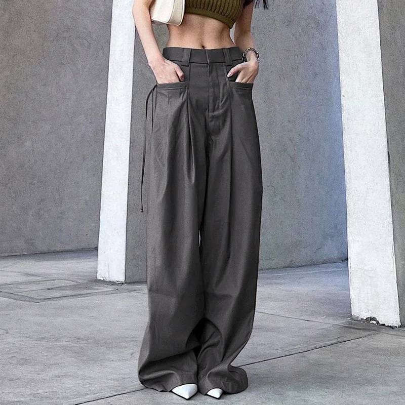 

2024 Spring/Summer New European and American Trendy Fashion Retro Street Loose Low Waist Solid Color Woven Pants