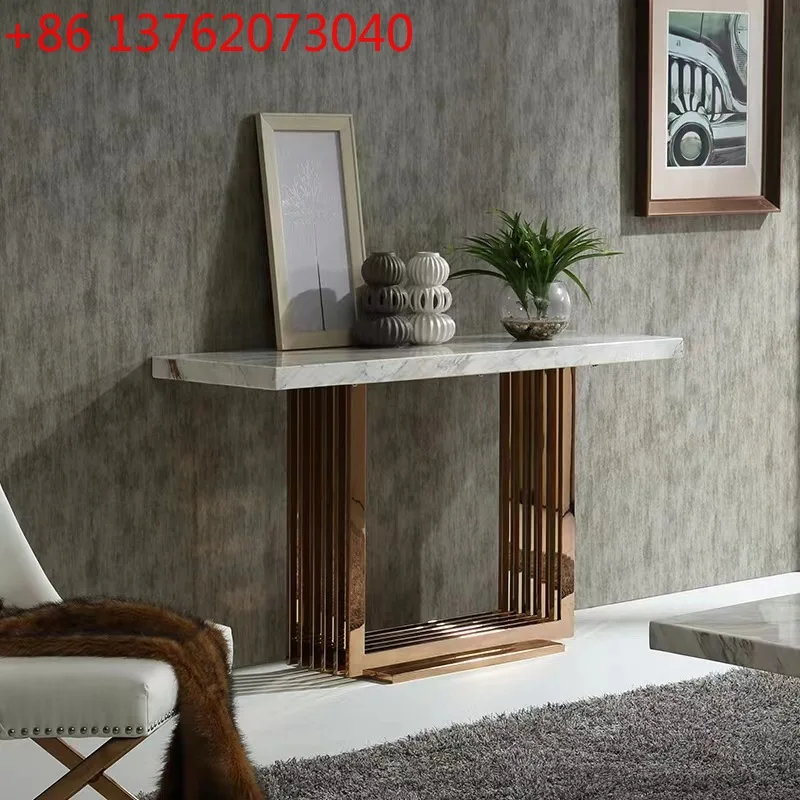 Italian simple marble rock slab entrance table titanium stainless steel entrance cabinet