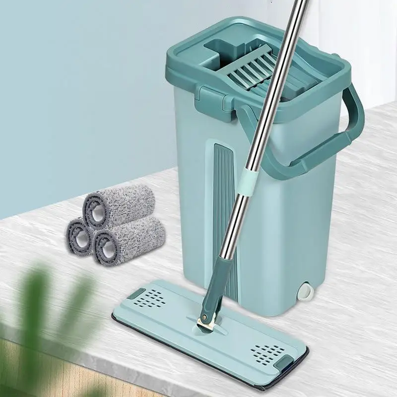 Hand Free Flat Floor Mop Bucket Set For Professional Home kitchen Floor Cleaning System With Washable Microfiber Pads