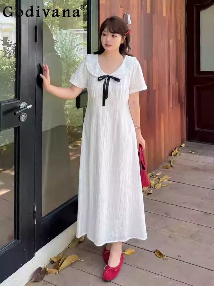 

Summer Large Size High Waist Fashion Versatile Age Reduction Dress Women Gentle Japanese Sweet Ruffles Loose Bow A-line Dresses