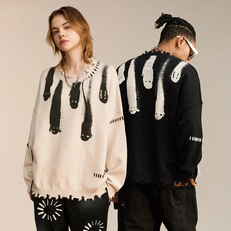 Streetwear Knitted Sweaters Men Hip Hop Y2K Grunge Ripped Ghost Print Gothic Jumpers Autumn Oversize Pullover Harajuku Sweater