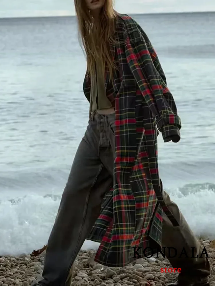 

KONDALA Vintage Casual Chic Women Jackets Plaid Pockets Belt V Neck Long Sleeve Long Coat Fashion 2023 Autumn Trench Coat