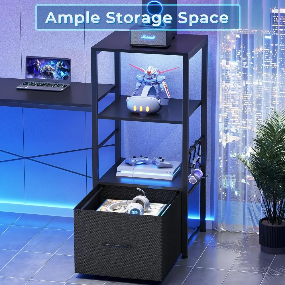 مكتب ألعاب على شكل حرف L، مكتب كمبيوتر مقاس 51 بوصة مع أرفف تخزين، مكتب ألعاب مع منافذ طاقة وأضواء LED، درج قماش، Monito