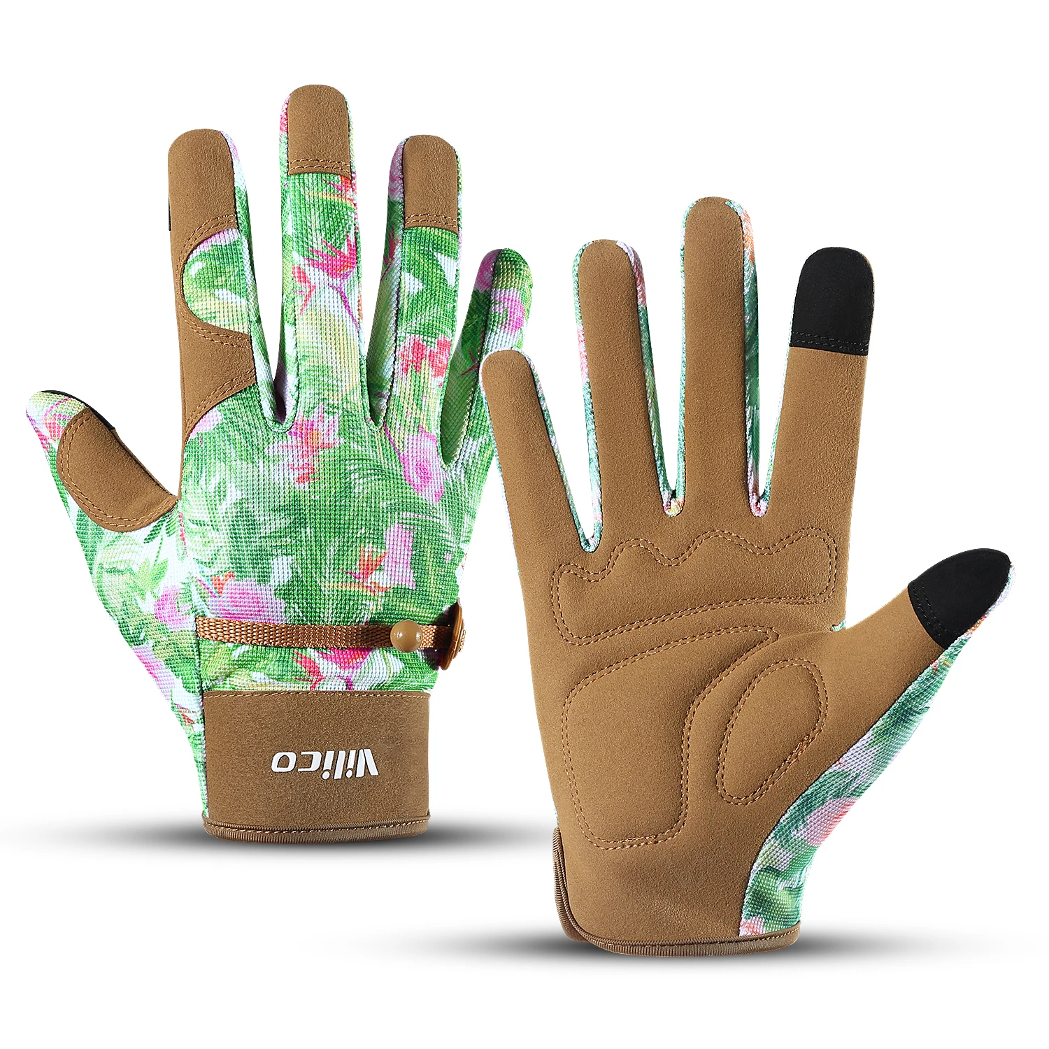1Pair Vilico Tropical Floral Printed Full Finger Touch Screen Gloves, Adjustable Cuff Soft Breathable Hand Wear for Cycling, Dri