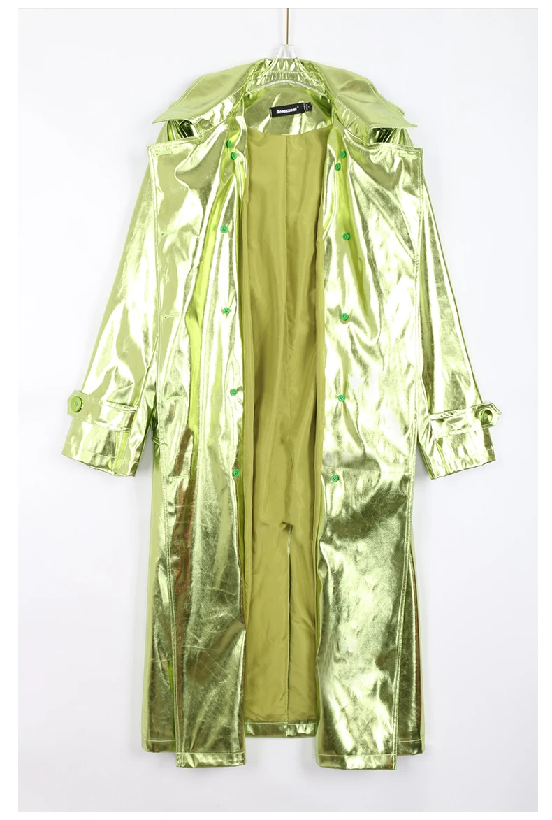 Nerazzurri Spring Autumn Long Shiny Reflective Patent Leather Trench Coat for Women Sashes Double Breasted European Fashion 2022
