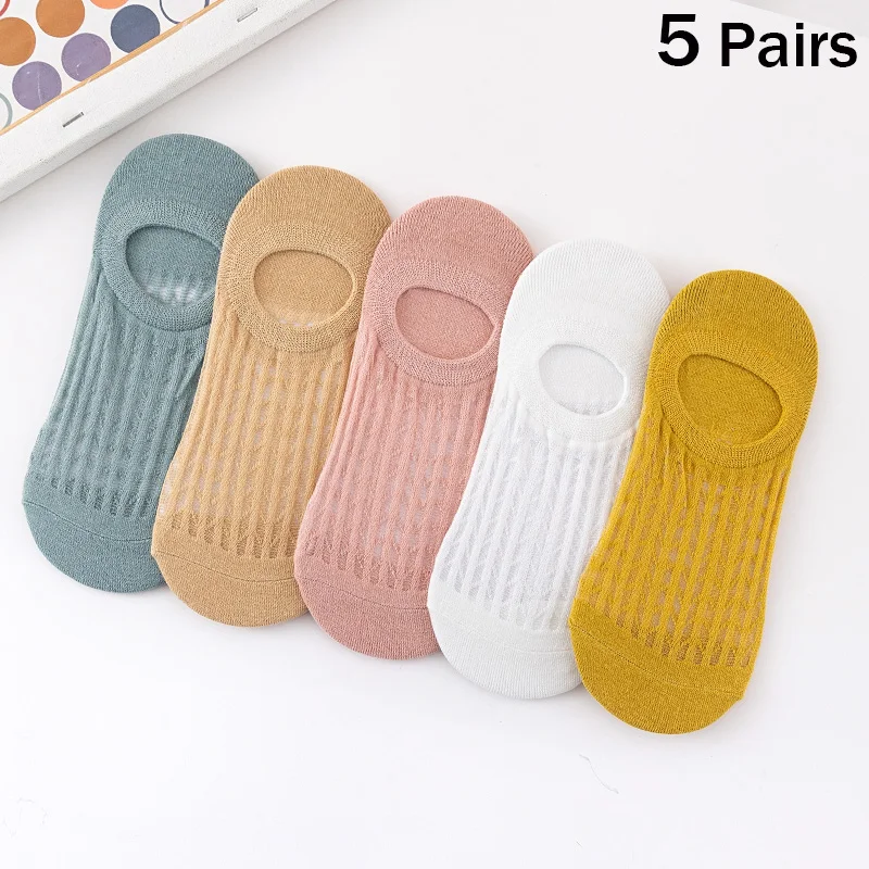 5 Pairs Summer Thin Mesh Socks Ladys Shallow Silicone Anti Slip Invisible Socks Lovely Solid Color Boat Socks