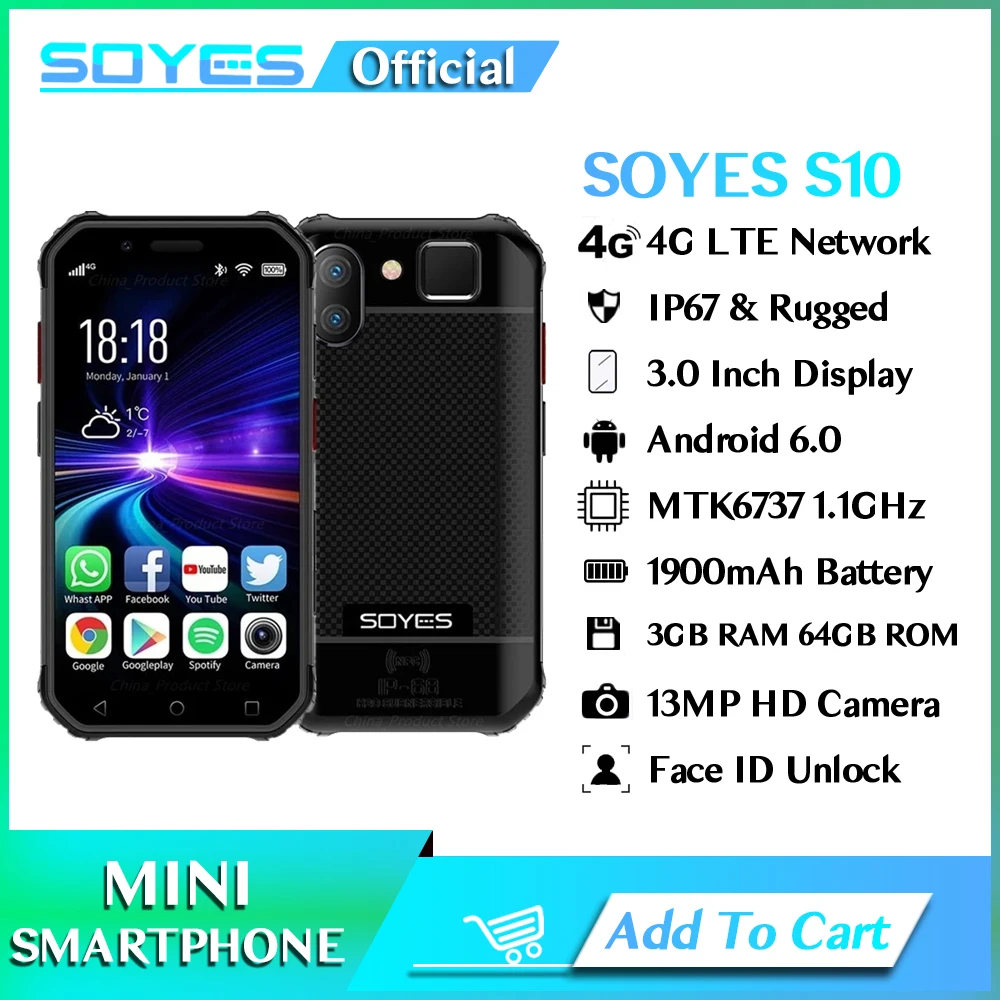 SOYES S10 RAM 3GB ROM 64GB Mini Smartphone 3.0 Inch 1900MAh 4G LTE Android 6.0 MTK6737 định Vị GPS Vân Tay Mặt ID Chắc Chắn Điện Thoại