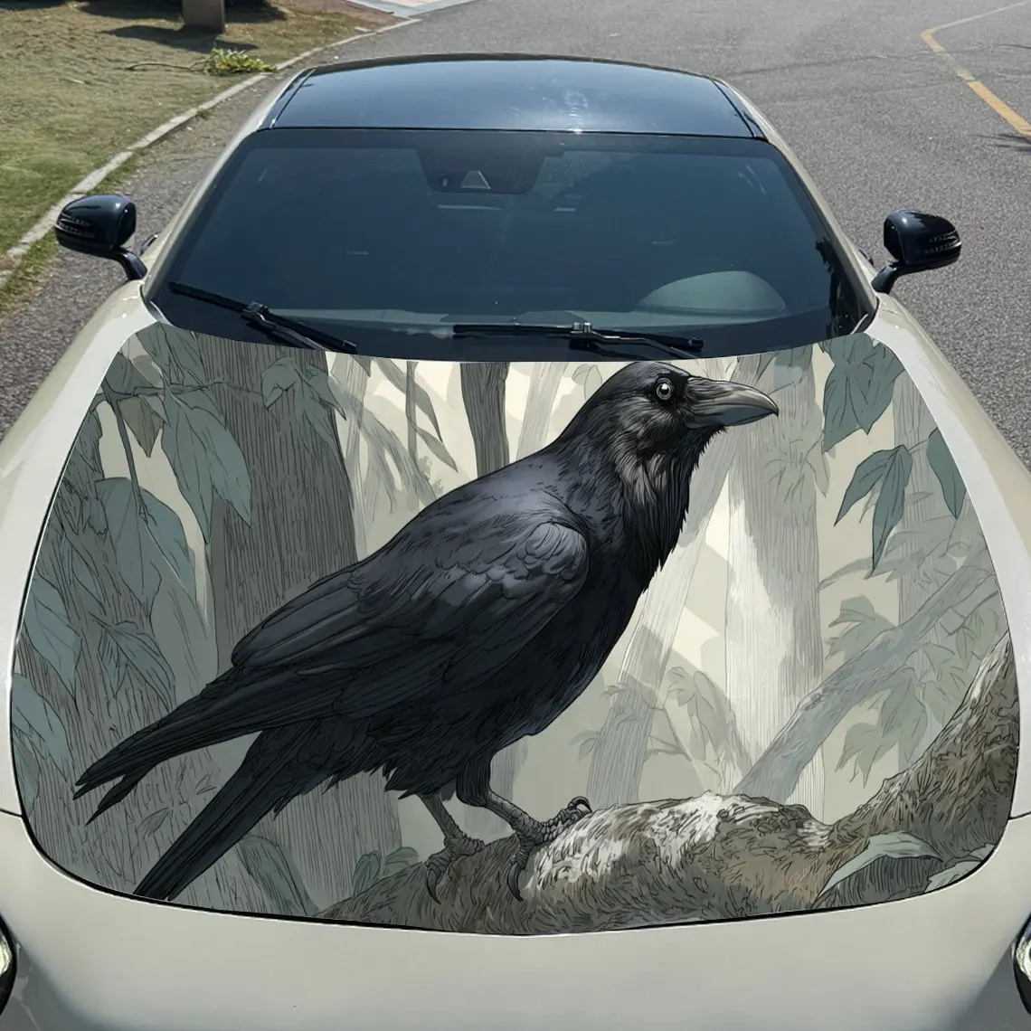 Dark Style Raven Car Hood Sticker PVC Self Waterproof Stick, Striking Auto Exterior Accessories Decor Protect Gift for Car Lover