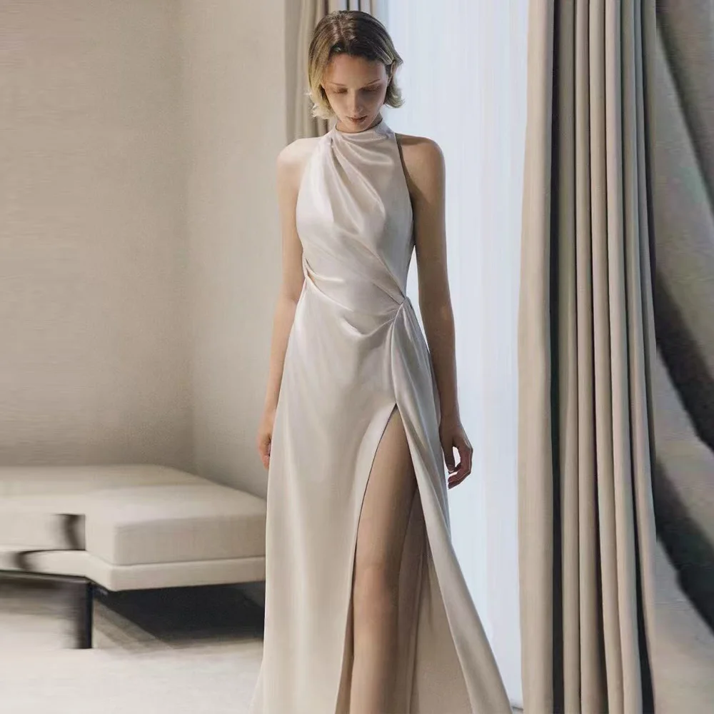

Customized Luxury Ivory Halter Neck Satin Evening Dress, Sleeveless Ruched Slit Maxi Formal Gown for Wedding Party Prom