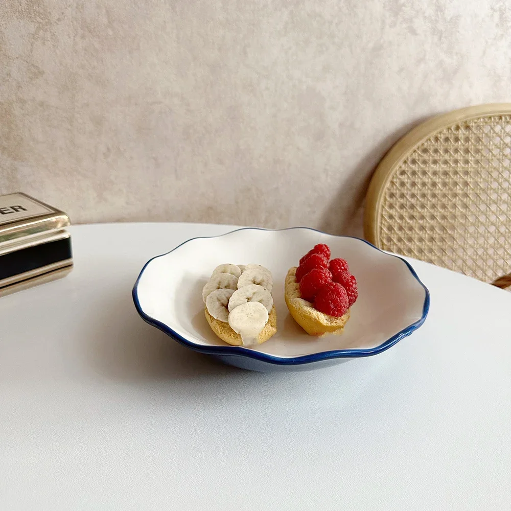 Contrast Color Floral Edge Ceramic Plate Japanese Simple High Grade Porcelain Homehold Tableware Dessert Cake Oats Snacks Plates