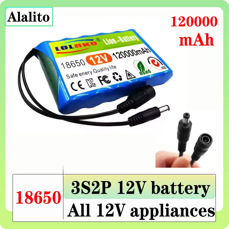 

NEW 3S2P 12V 120Ah Lithium Ion Battery 18650 12.6V 120000mAh DC Rechargeable CCTV Camera Monitor Replacement Battery 12V Charger