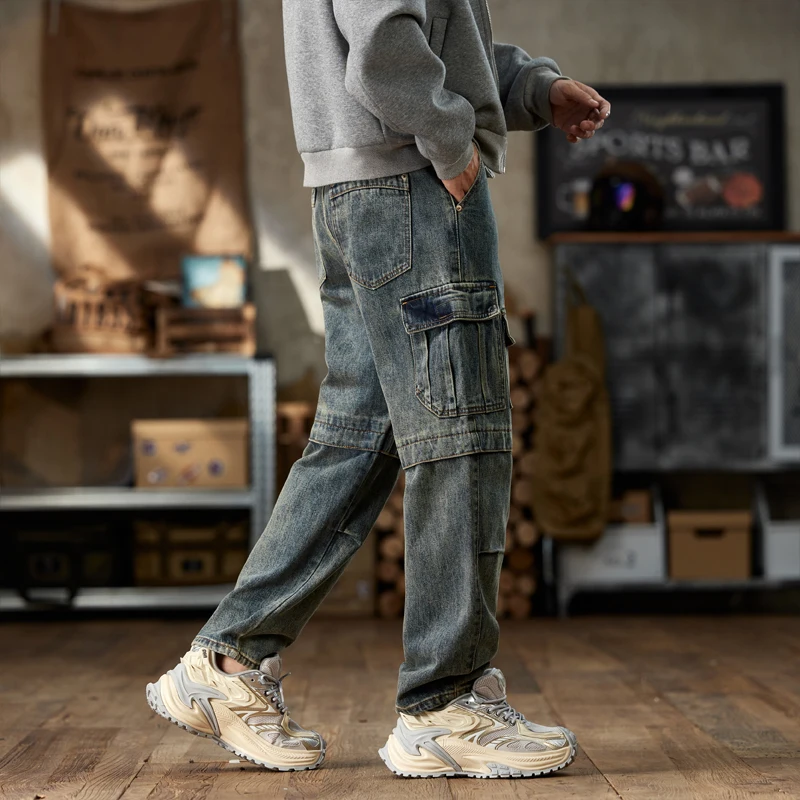 American retro autumn and winter loose patchwork with multiple pockets Harem jeans men's pants cargo pants men baggy jeans