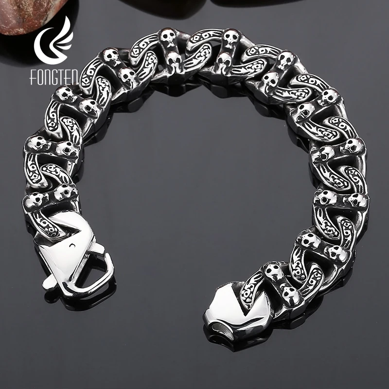 Fongten Punk Skeleton Men Bracelet Cuban Link Chain Stainless Steel Charms Bangle Rotre Skull Wrist Bracelets For Men Jewelry