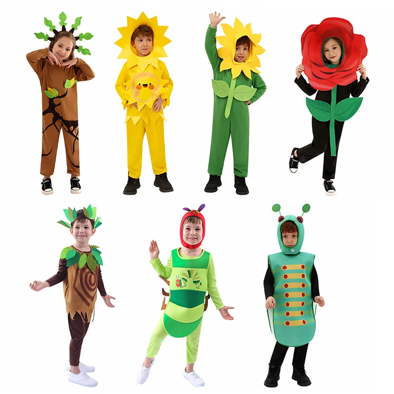 

Kids Cute Plant Fancy Dress Up Clothes Purim Carnival Child Rose Sunflower Jumpsuit Hood Suit Party Stage Performance Costume