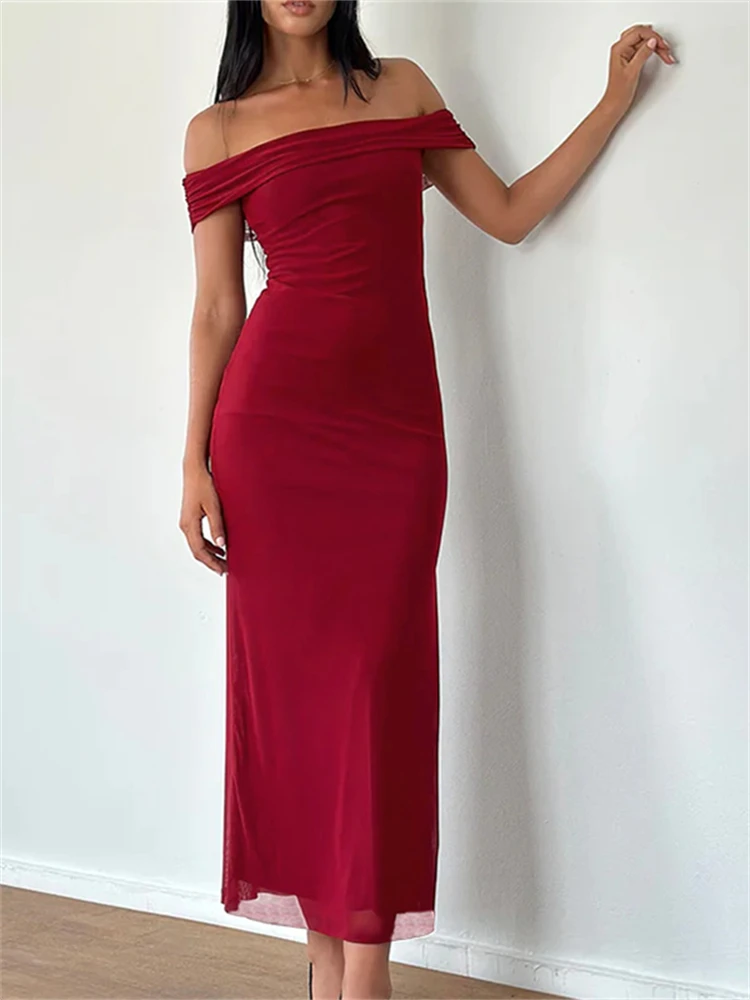 

Absobe Mesh Backless Off-Shoulder Bodycon Slit Maxi Dress Solid Sleeveless Evening Long Dress For Women Chic Casual Streetwear