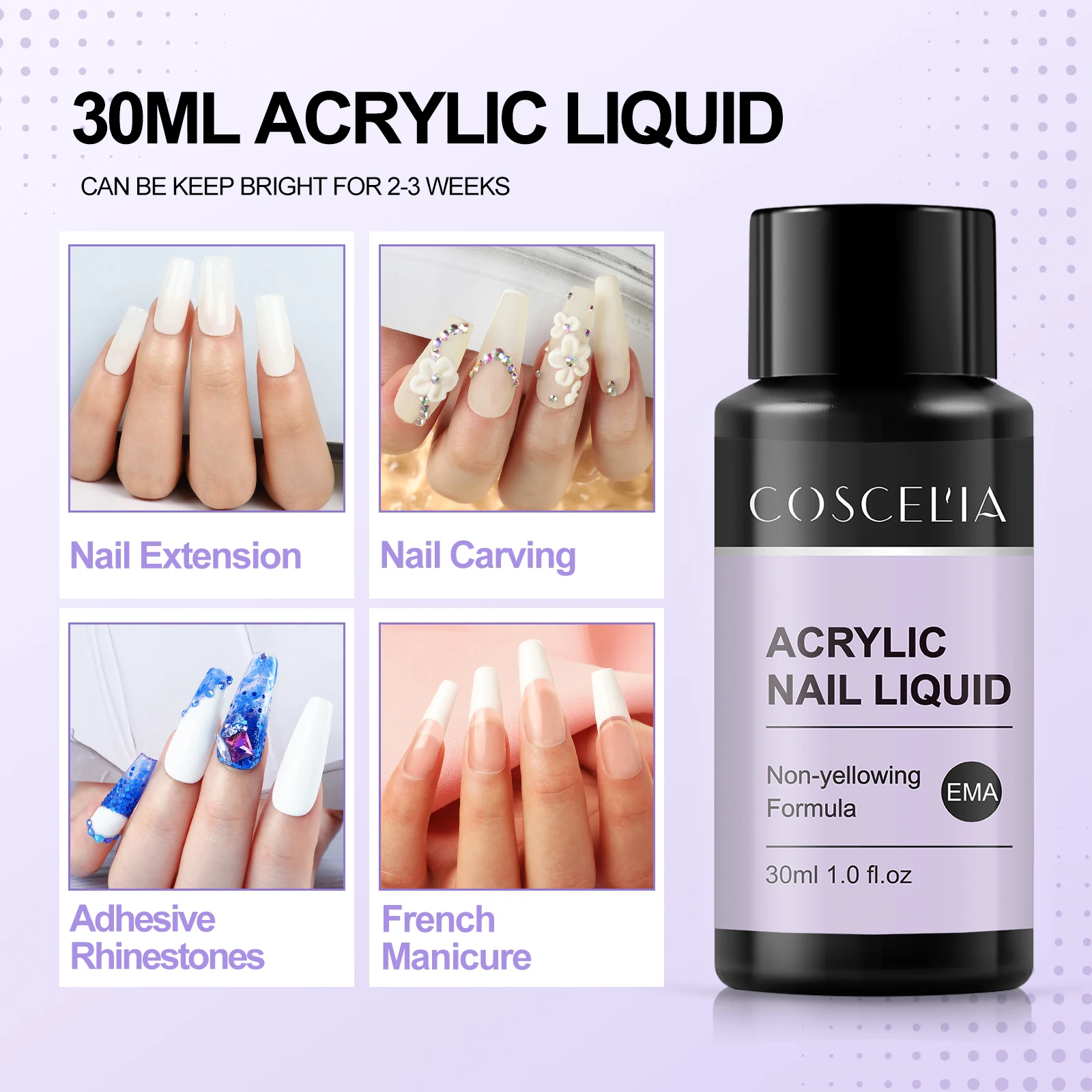 Coscelia Manicure Kits with 30ML Acrylic Liquid and 3PCS Acrylic Powder Nail Art Pen Brush 3D Nail Mold for Nail Extension