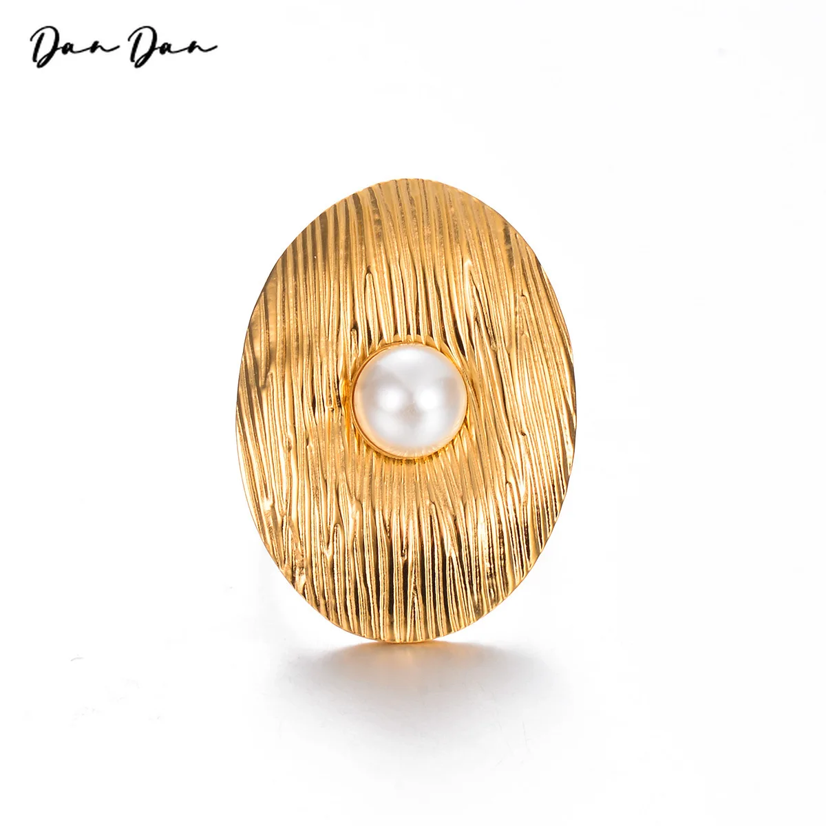 

For Women Ring Stainless Steel 18k Gold Plated Metal Fashion Wide Charm Texture Waterproof Jewelry geometry 2024New pearl1