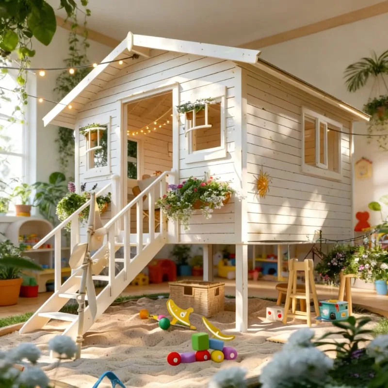 Outdoor Kids Wooden Playhouse Wooden Cottage with String Lights Garden House Tiny House