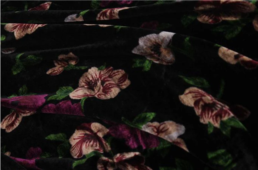 Silks Story Crazy Black Pink Printed Flowers Flocking 100% Real Silk Velvet Fabric For Party Dress Cloth Cheongsam Silk Fabrics