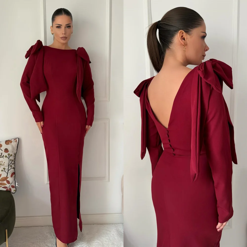 カスタマイズされたマッチングファッションジャージプリーツボウストレートスクープネックロングドレスオーダーメイドの特別な機会のドレス絶妙な中国風