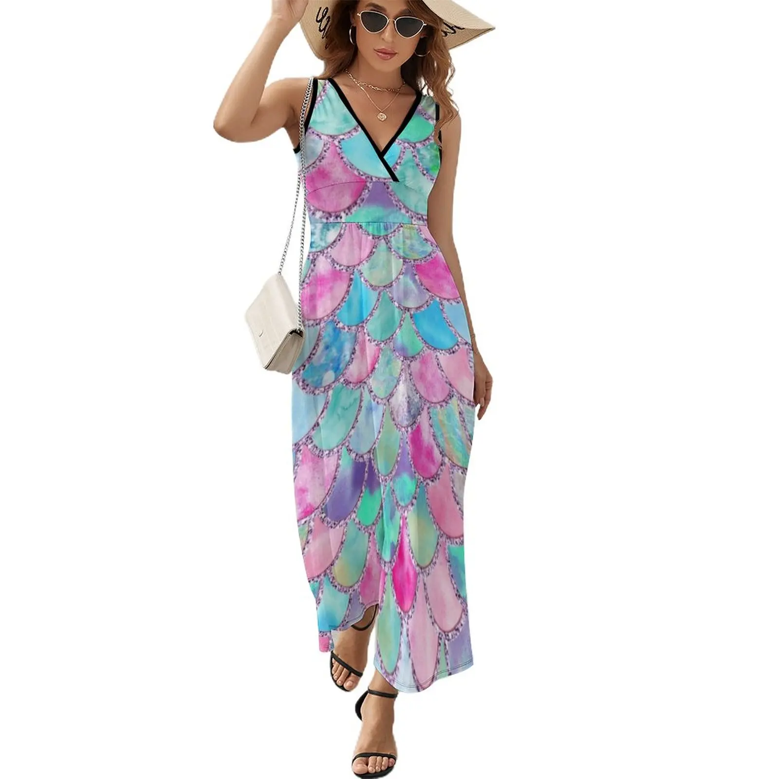 

Pink and Blue Watercolor Faux Glitter Mermaid Scales Sleeveless Dress Dress women summer clothes evening dress