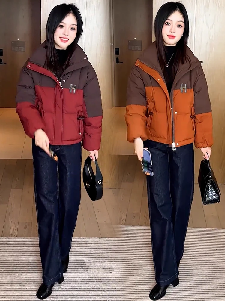 

Модная женская зимняя куртка-жакет с цветовыми блоками, новая модель, утепленная, для невысоких, теплая, хлопковая, верхняя одежда