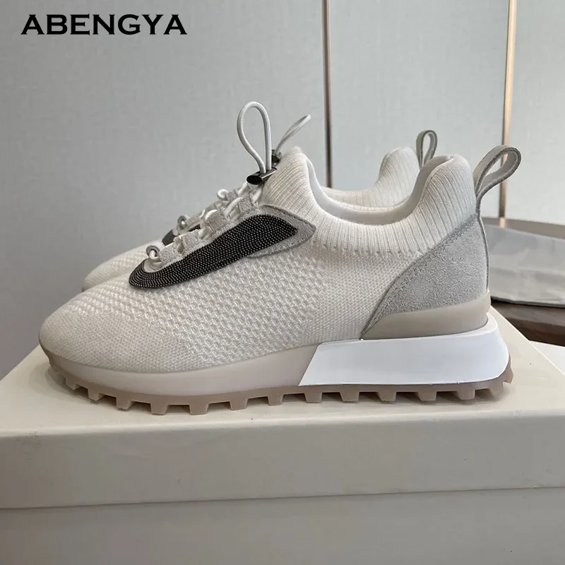 Hot Sale Knitted Flat Loafers Shoes Women Lace Up Holiday Platform Shoes Autumn Casual Comfort Vacation Walking Shoes For Woman