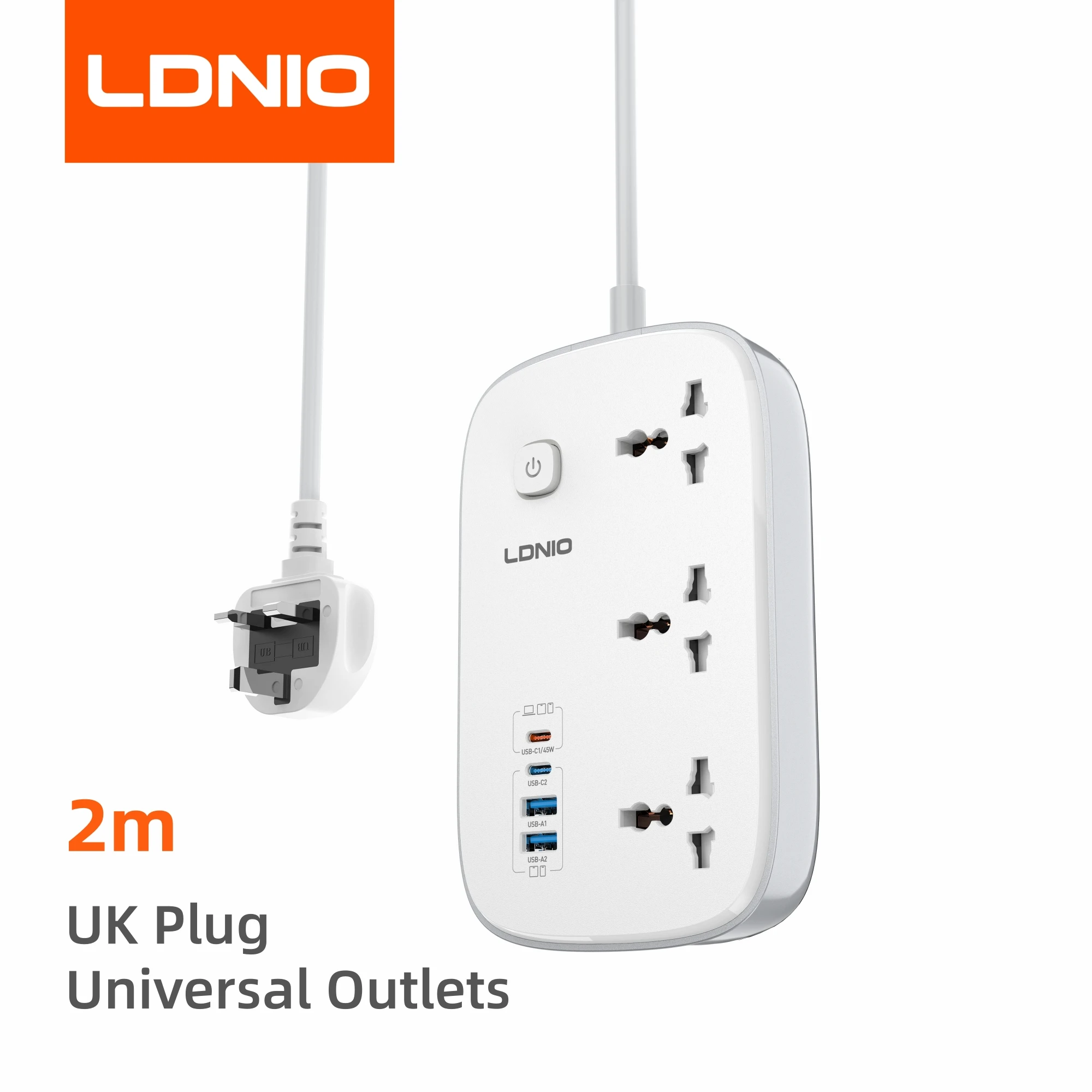 LDNIO Universele Stekkerdoos 3250W EU UK US Stekker 45W PD Snellader 3 Stopcontacten 2M Verlengsnoer voor Laptop Telefoon Opladen