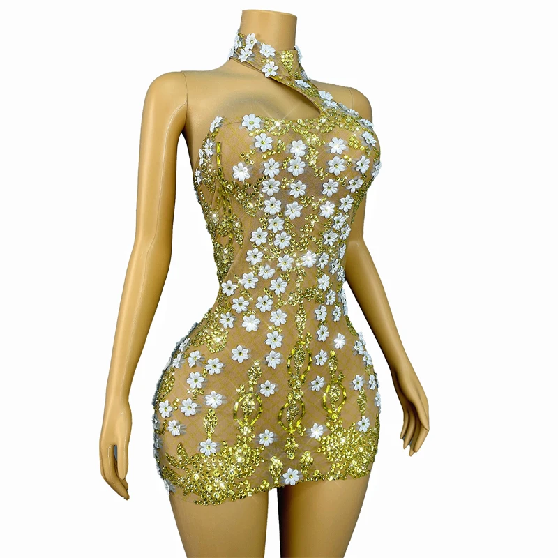 ゴールドラインストーンフラワージャズダンスドレス女性祝うパーティードレスステージキャットウォーク衣装歌手のイブニングドレス XS10061