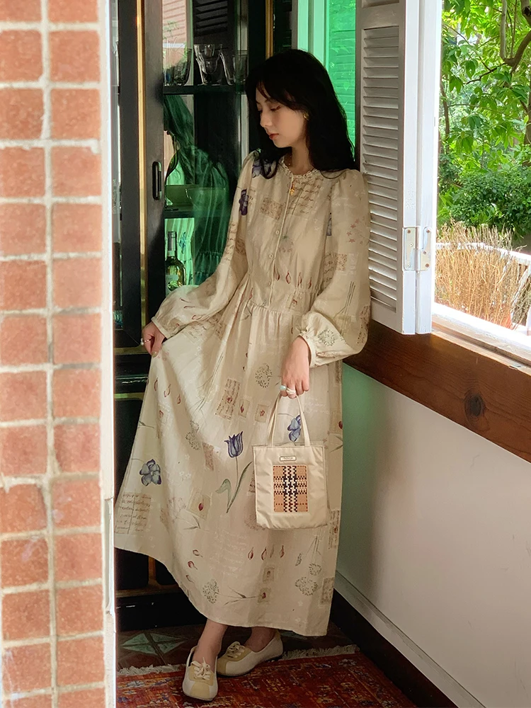 

86-94cm Chest / Spring Autumn Women Elegant Floral Print Cotton Linen Dresses