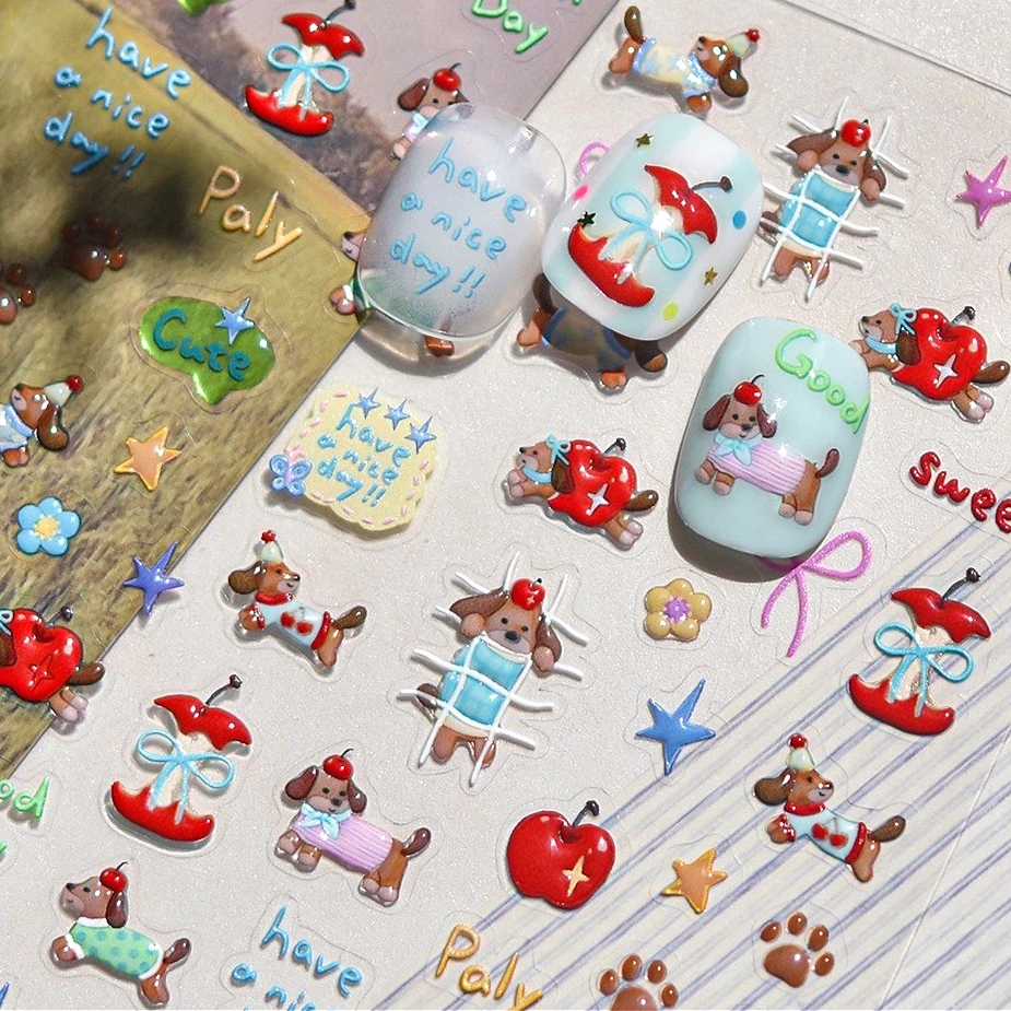 

Puppy Red Apple Cat Paw Print Star Cute Dog Bowknot Flower Fish Bear Rabbit Watermelon Cake Summer Heart Nail Art Stickers Decal