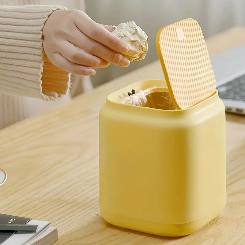 

Mini Trash Can with Lid Compact Desktop Plastic Waste Bin Creative Press-Top Garbage Container 3.5L Capacity Ideal Home Office