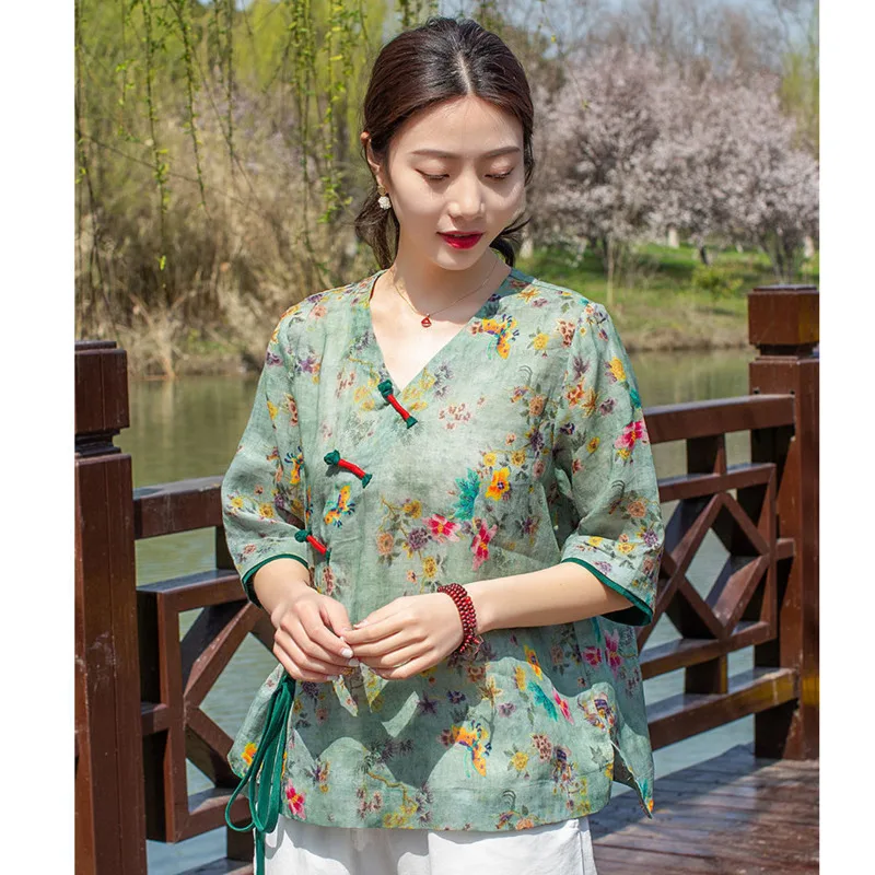 Vintage Cotton Linen Floral Print V Neck Shirt Chinese Style Traditional Female Hanfu Blouse National Loose Women Tops Tang Suit