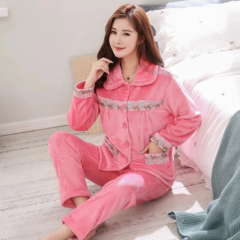 Pijamas de flanela de inverno feminino conjunto de pijamas de lã sleepwear grosso quente veludo feminino bonito doce pijamas para casa terno