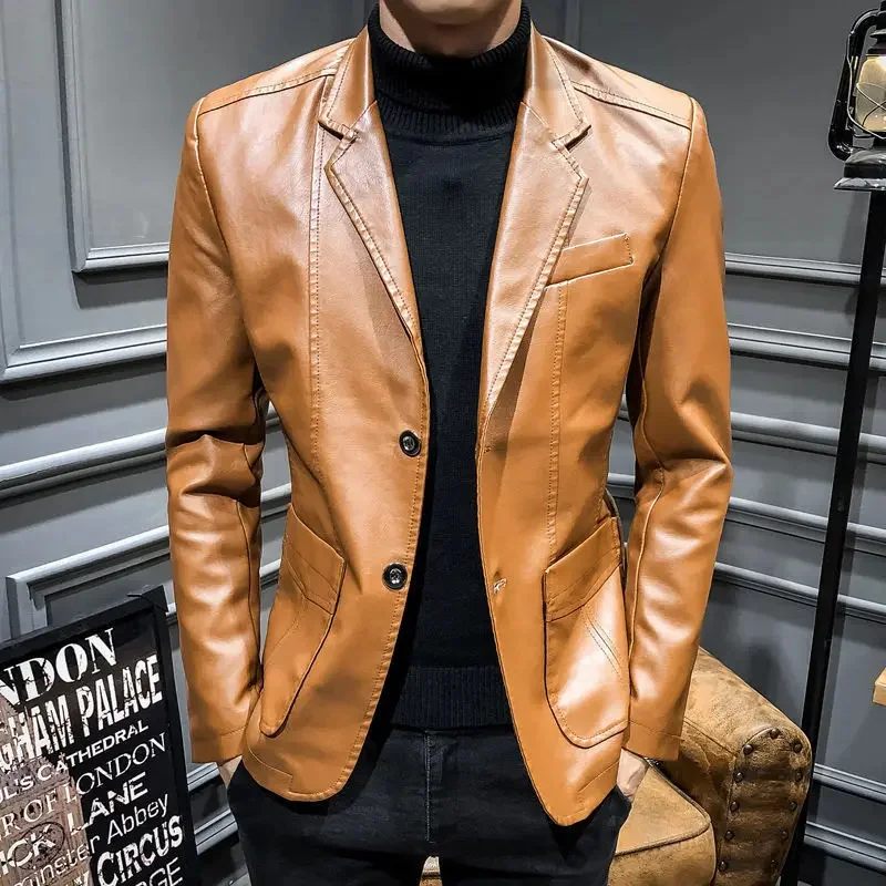 2023 Fashion Slim-Fit Jacket Autumn Winter New Men Business Casual Solid Color Leather Suit Large Size Outwear