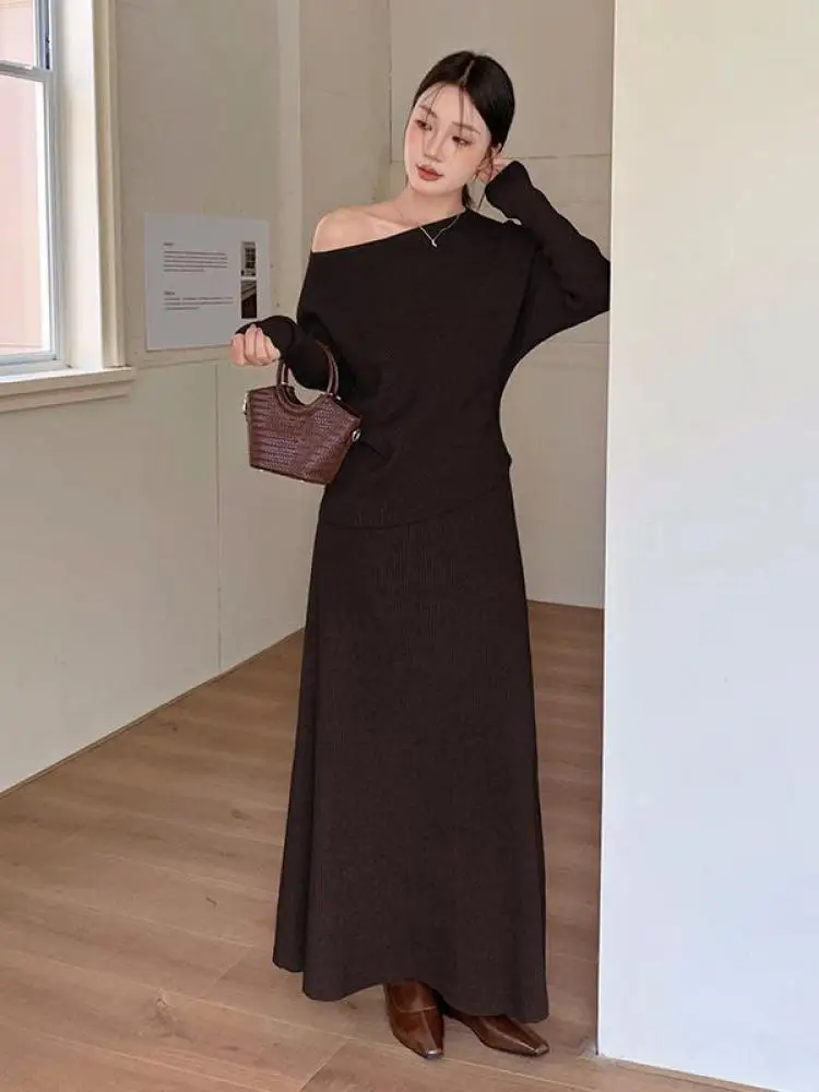

Autumn Winter Women Solid Slant Neck Off Shoulder Long Sleeved Knit Tops And High Waist Half Skirt Vacation Two-piece Set Trendy