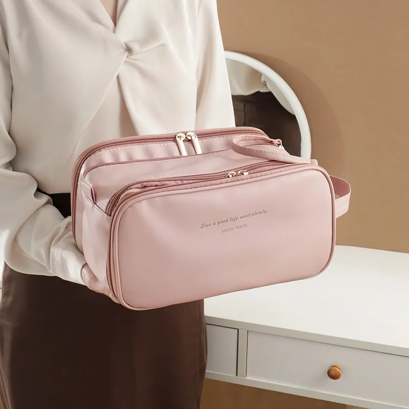 Pink Hard Frame Double Zipper Cosmetic Bag Make up Box Soft PU Toiletry Storage Case Korea Style Organizer for Women 2024