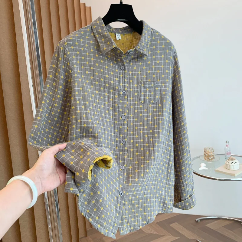 

Pure Cotton Literary Spring Autumn New Double-layer Cotton Yarn Long-sleeved Retro Shirt Loose Plaid Shirt Casual Versatile Top