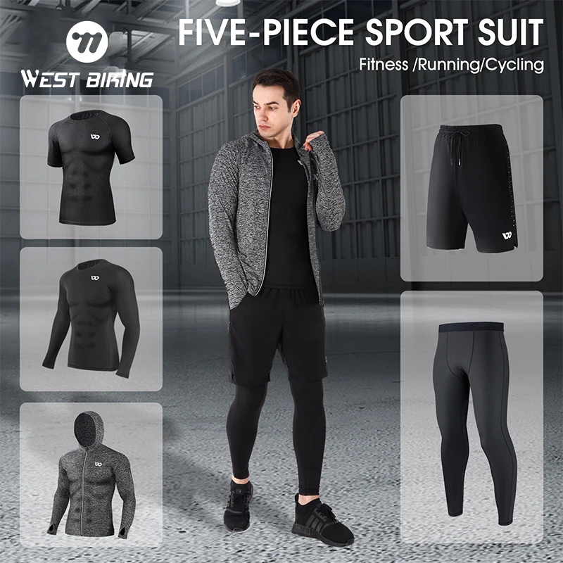 WEST BIKING 5Pcs Sport Suits Men's Compression Pants Top Shirt Long Sleeve Jacket Running Cycling Gym Sets Mens Workout Clothing