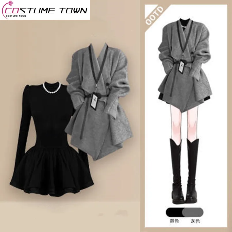 الخريف والشتاء الكورية نمط محبوك سترة سترة + فستان أسود منفوش أنيق المرأة قطعتين مجموعة #1