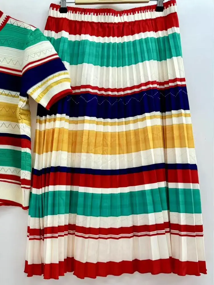 Retrowomen\'s spring/summer new two-piece striped knit Joker Top+elastic waist and white skirt swing overskirt fashion suit