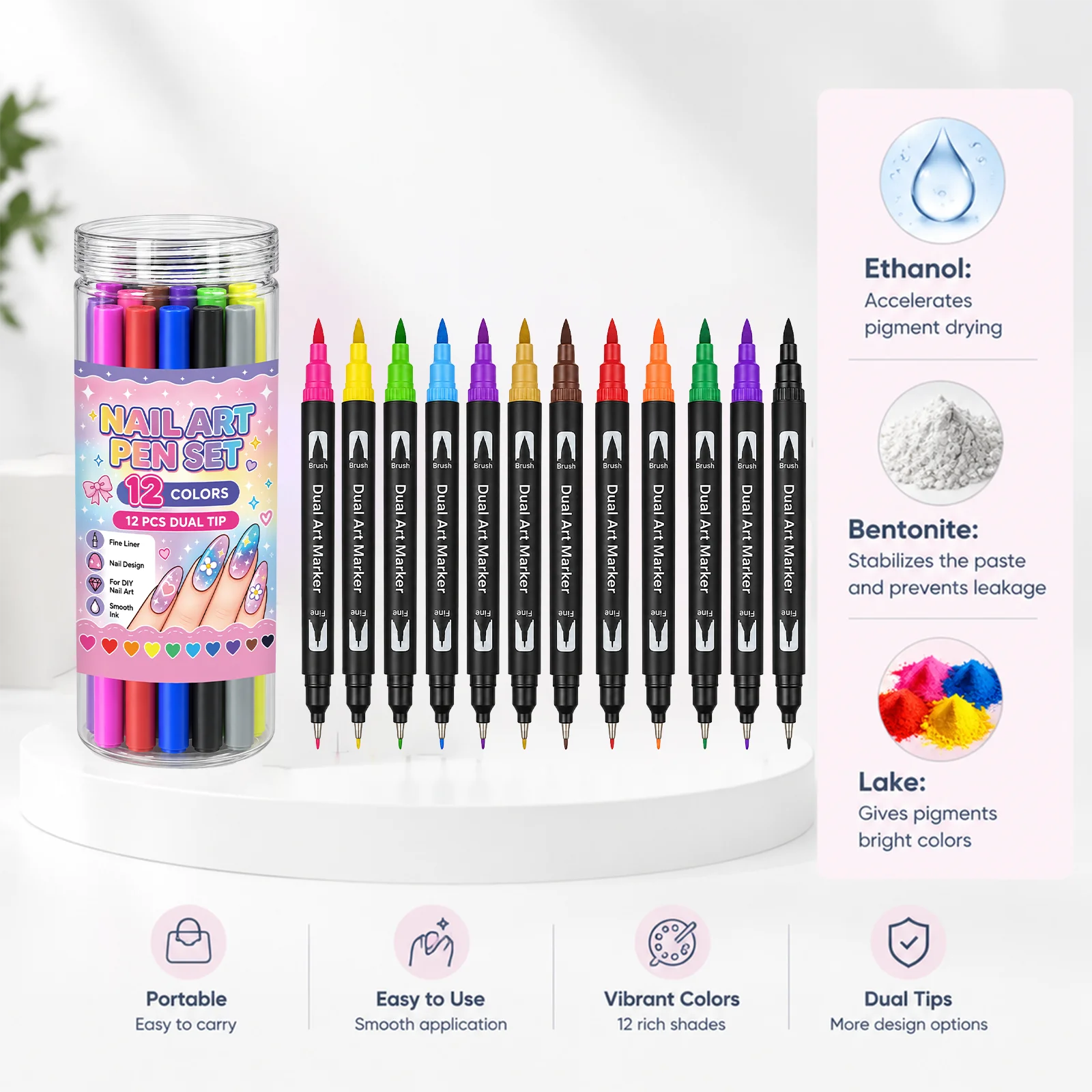 Nail Art Pen Set Smooth Ink Flow Dual Tip Fine Liner Drawing Painting Manicure Design Vibrant Colors Portable Storage DIY Tools