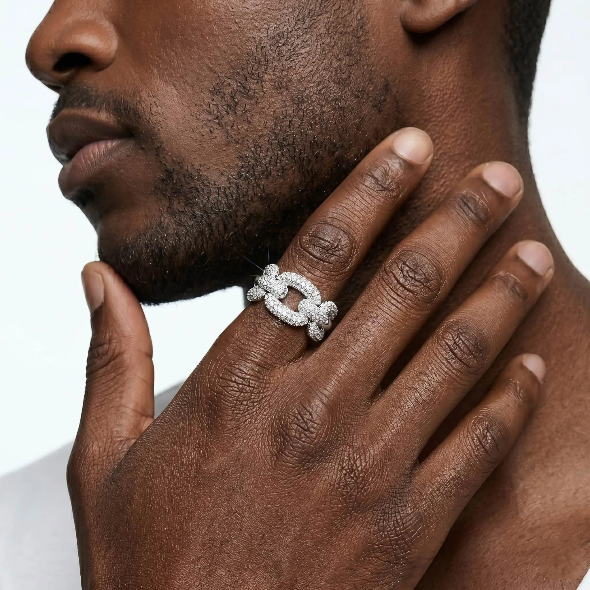 Couple Cuban Link Moissanite Ring 925 Silver, Trendy Full Pave Statement Band, Unisex Hip Hop Fine Jewelry for Daily