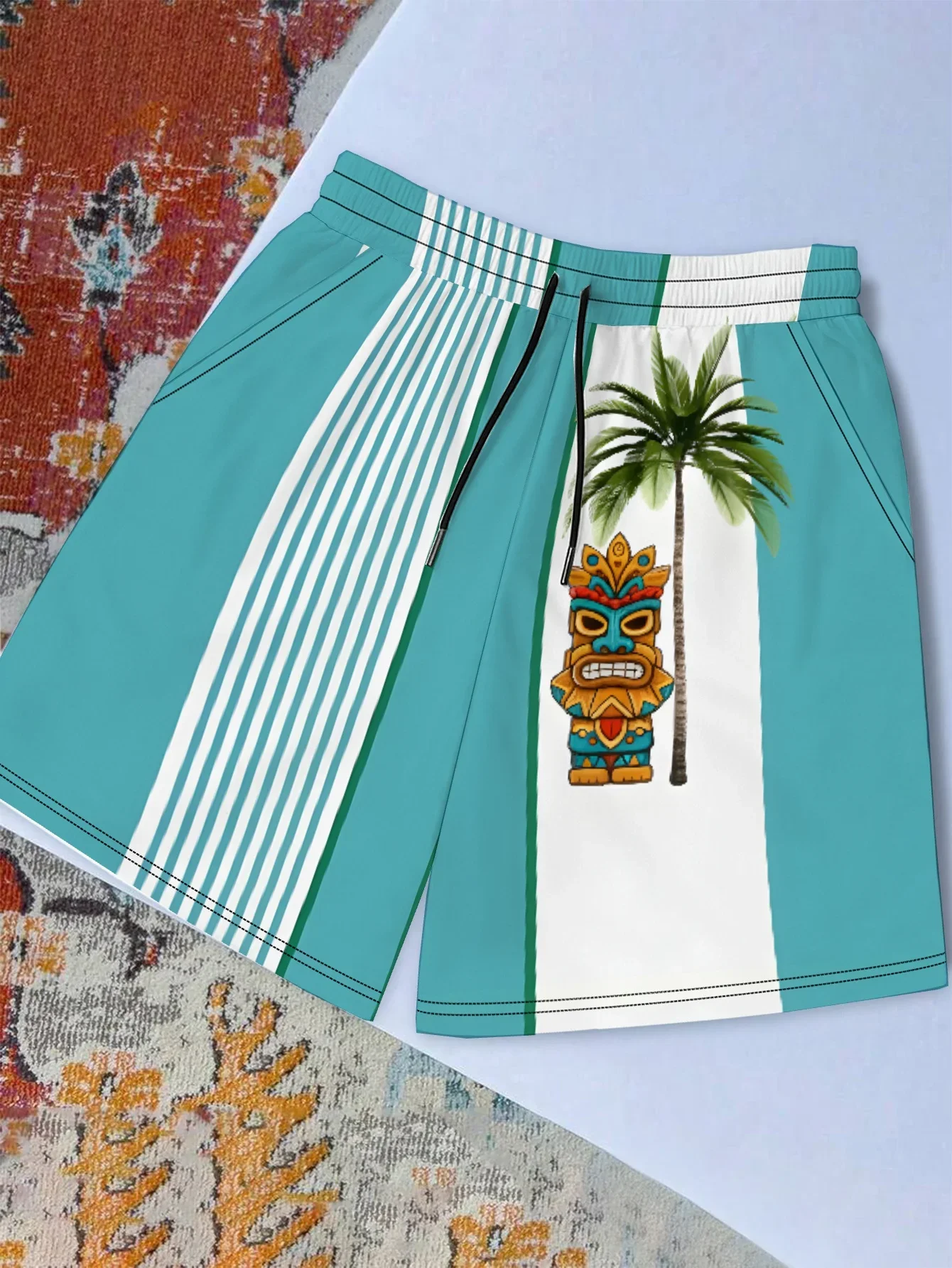 Tropical Polynesian Tiki Statue Sunset Sea Wave Floral Full Print Men Quick Dry Summer Beach Vacation Surfing Board Shorts