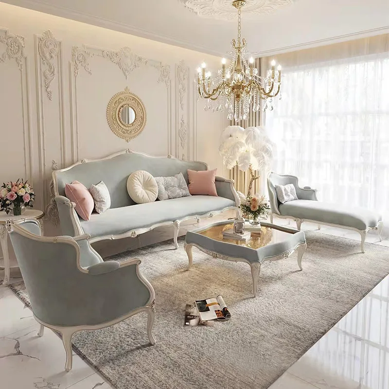 French living room carved three-person sofa neoclassical solid wood concubine European furniture