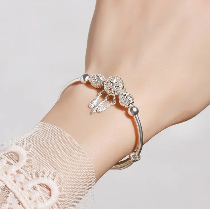 Korean fashion 925 sterling Silver Dreamcatcher Tassel Feather lucky Beads Bracelet Bangle For Women wedding accessories Jewelry