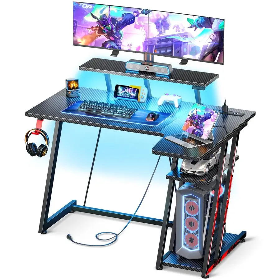 Small Gaming Desk with LED Lights amp Power Outlets, 39 Inch L Shaped Gaming Computer Desk with Storage Shelf, Gamer Table with