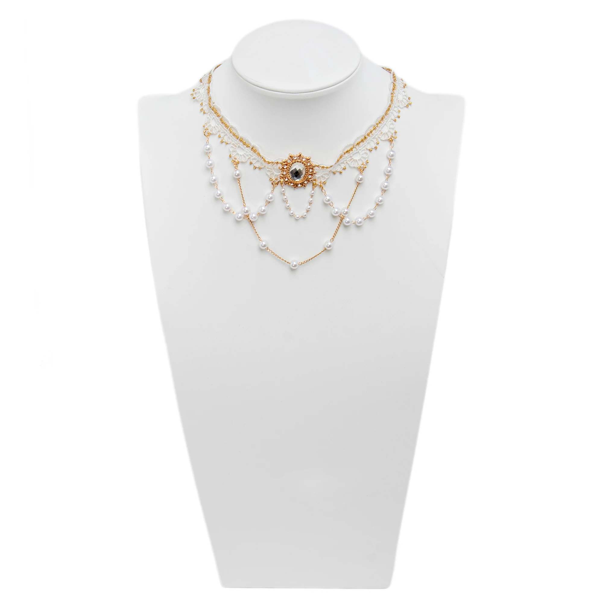 

Handmade Lolita Vintage Golden Lace Choker Necklace White Pearl Baroque KC Collarbone Chain for Princess Bride Wedding